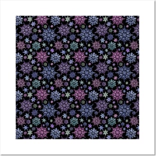 Multi-coloured Snowflake Collage with Black Background Posters and Art